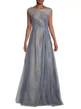 Платье Rene Ruiz Collection из блестящего тюля с иллюзорным вырезом, синий