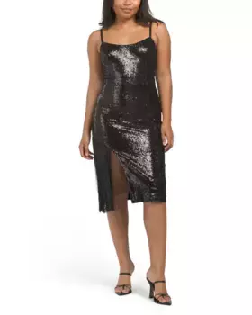 Платье Rory без рукавов с пайетками и бахромой Dress The Population, черный