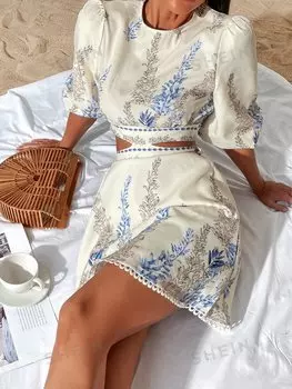 Платье Rosie, рукава-фонарики, завязка сзади, древесный принт, вырез на талии Shein, кремовый/бежевый