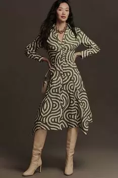 Платье-рубашка Anthropologie из поплина с длинными рукавами, зеленый/белый