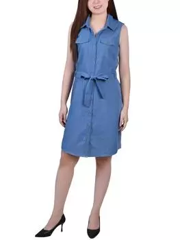 Платье-рубашка без рукавов с воротником Petites для женщин NY Collection, цвет med denim
