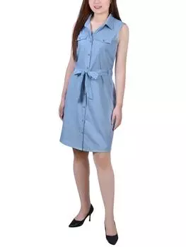 Платье-рубашка без рукавов с воротником Petites для женщин NY Collection, цвет light denim