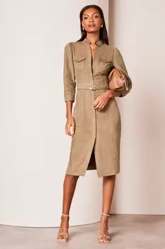 Платье рубашка без воротника с рукавами 3/4 и поясом Lipsy, коричневый