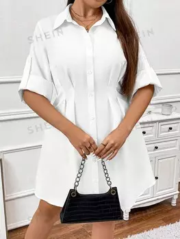 Платье-рубашка Clasi Plus, рукава с пряжкой, плиссированные детали Shein, белый