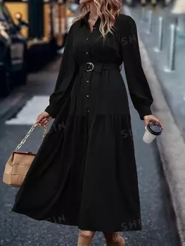 Платье-рубашка Clasi, рукава-фонарики, рюши/рюши, декор поясом Shein, черный