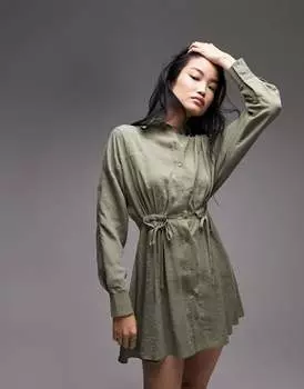 Платье-рубашка цвета хаки с контрастной строчкой и завязками по бокам Topshop