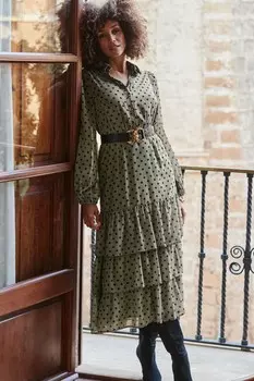 Платье рубашка цвета хаки с многоуровневым подолом и принтом в горошек Sosandar, зеленый