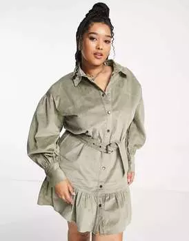 Платье-рубашка цвета хаки с вельветовым узором и пряжкой ASOS DESIGN Curve