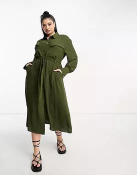 Платье-рубашка цвета хаки с завязкой на талии Mango Curve