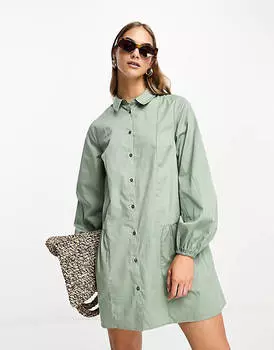 Платье-рубашка цвета хаки со сборками и пуговицами ASOS DESIGN
