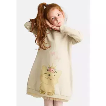 Платье-рубашка Denokids «Cat Dream» с кошачьим принтом, бежевый