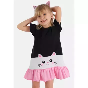 Платье-рубашка Denokids «Frilled Cat», с кошачьим принтом, черный