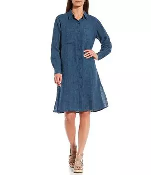 Платье-рубашка Eileen Fisher Delave из органического льна с заостренным воротником и длинными рукавами на пуговицах спереди, синий