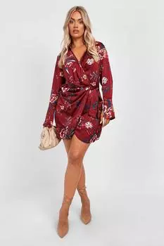 Платье-рубашка из атласа с цветочной драпировкой и запахом Boohoo, ягодный