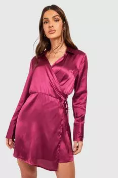 Платье-рубашка из атласа с поясом Boohoo, сиреневый