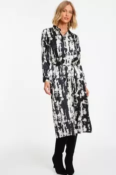 Платье-рубашка из черного атласа с мраморным принтом QUIZ Clothing