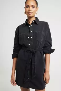 Платье рубашка из денима с поясом River Island, черный