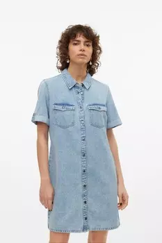 Платье-Рубашка из джинсовой ткани с короткими рукавами Vero Moda, синий