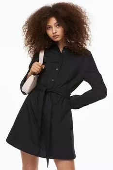 Платье-рубашка из хлопка с поясом на завязках H&M, черный