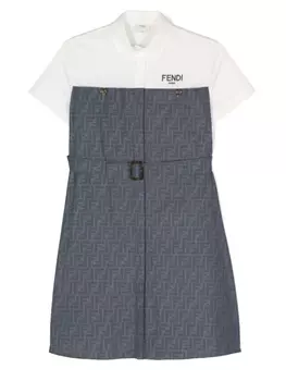 Платье-рубашка из хлопка с жаккардом FF Fendi Kids, синий