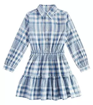 Платье-рубашка из хлопка в клетку Polo Ralph Lauren Kids, цвет blue cream