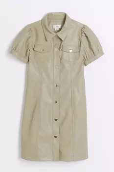 Платье рубашка из искусственной кожи со швами для девочек River Island, бежевый