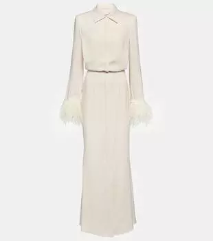 Платье-рубашка из крепа с отделкой перьями Roland Mouret, белый