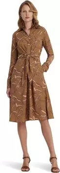 Платье-рубашка из крепа с поясом и завязками спереди LAUREN Ralph Lauren, цвет Camel Multi