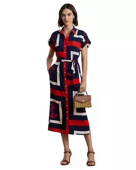 Платье-рубашка из крепа с поясом и принтом якоря Ralph Lauren, мультиколор