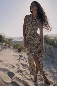 Платье-рубашка из льна с животным принтом ZARA, леопардовый