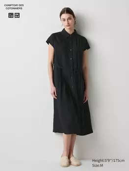 Платье-Рубашка из льняной смеси короткий рукав Uniqlo, черный