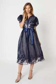 Платье-рубашка из органзы в полоску с пышными рукавами Coast, темно-синий