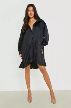 Платье-рубашка из плиссированного атласа Boohoo, черный