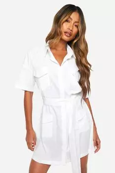 Платье-рубашка из поплина с короткими рукавами boohoo, белый