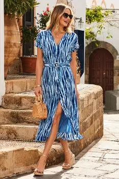 Платье-Рубашка из присборенной ткани с поясом Sosandar, синий