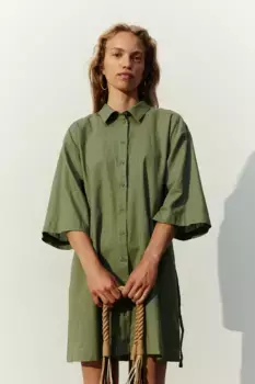 Платье-рубашка из смесового льна H&M, зеленый