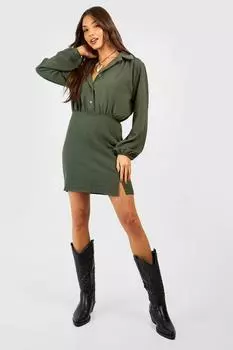 Платье-рубашка из текстурированной ткани с разделами Boohoo, хаки