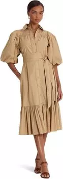 Платье-рубашка из ткани с поясом и объемными рукавами LAUREN Ralph Lauren, цвет Birch Tan