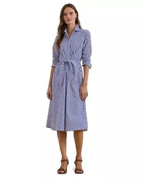 Платье-рубашка из тонкого сукна в полоску с завязкой спереди Ralph Lauren, синий