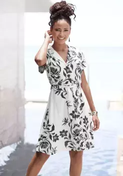 Платье-рубашка LASCANA (с поясом) из смеси льна, воздушное летнее платье с цветочным принтом, пляжное платье, черный