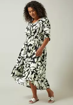 Платье-рубашка LEAF PRINT DIPPED HEM MIDI Evans, антрацит