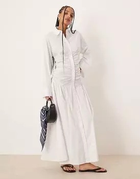 Платье-рубашка макси ASOS DESIGN с лифом-рюшами и заниженной талией белого цвета