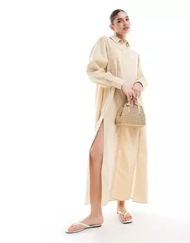 Платье-рубашка макси Asos Design With High Double Split, светло-бежевый