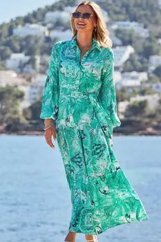 Платье-Рубашка макси с принтом пейсли и ярусным подолом Sosandar, зеленый