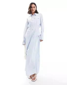 Платье-рубашка макси с завязками на манжетах ASOS DESIGN в сине-белую полоску