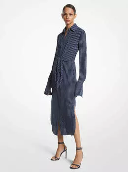 Платье-рубашка Michael Kors Striped Organic Silk Crepe De Chine Tie-Front, темно-синий/белый
