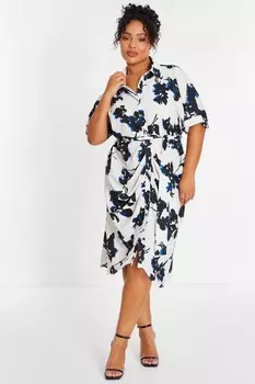 Платье-рубашка миди Curve White с цветочным принтом QUIZ Clothing