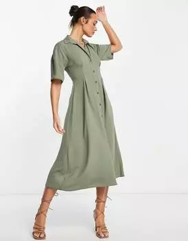 Платье-рубашка миди цвета хаки с пуговицами на талии ASOS DESIGN
