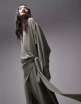 Платье-рубашка миди цвета хаки с завязками Topshop Premium