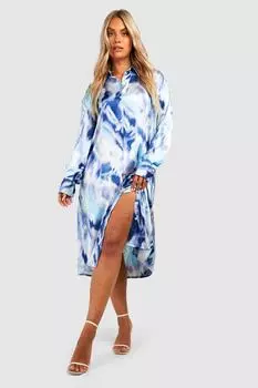 Платье-рубашка миди из атласа с принтом плюс Boohoo, синий